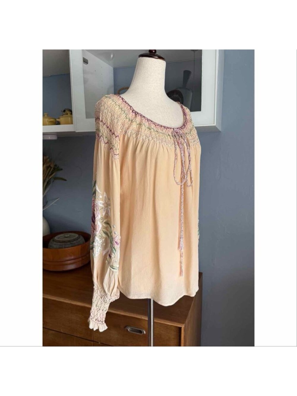Vintage Bonnie Strauss Silk Floral Embroidered Peasant Blouse Top Boho Whimsy